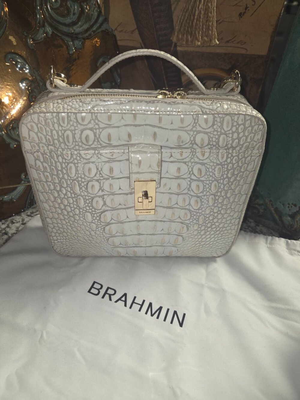 Brahmin White Croc‑Embossed Structured Top‑Handle Bag – Gold Hardware